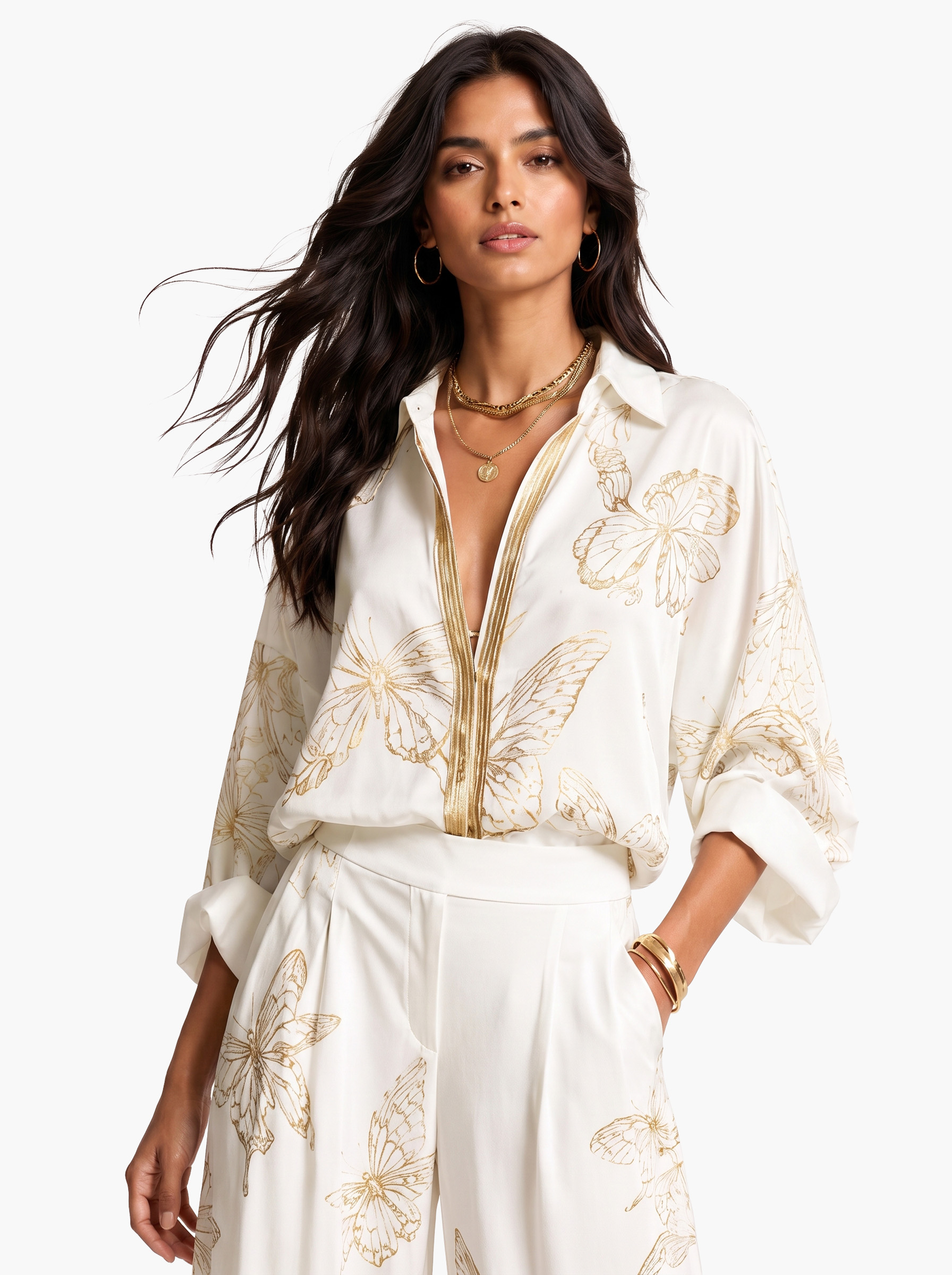 Elegant Butterfly Print Zip Shirt