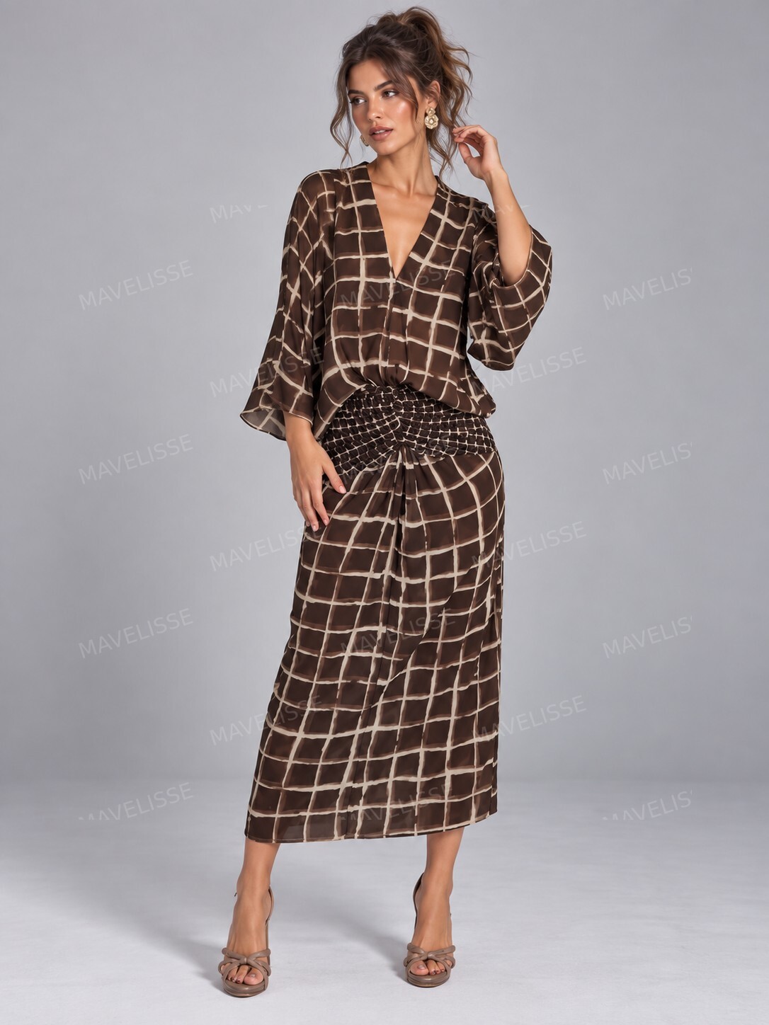 Casual Abstract Plaid Print Kimono Sleeve Maxi Dress