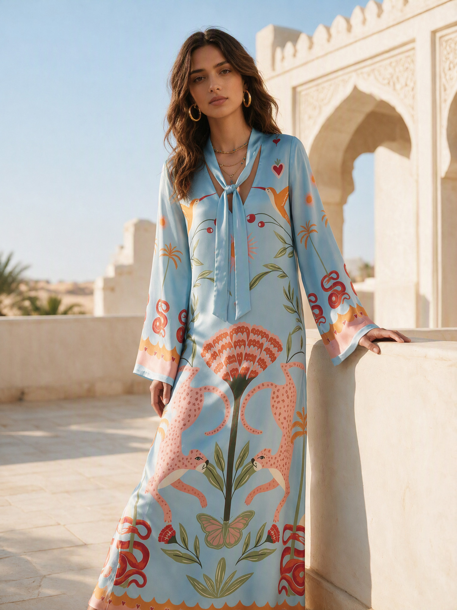 Azure Dream Printed Tie Neck Maxi Dress