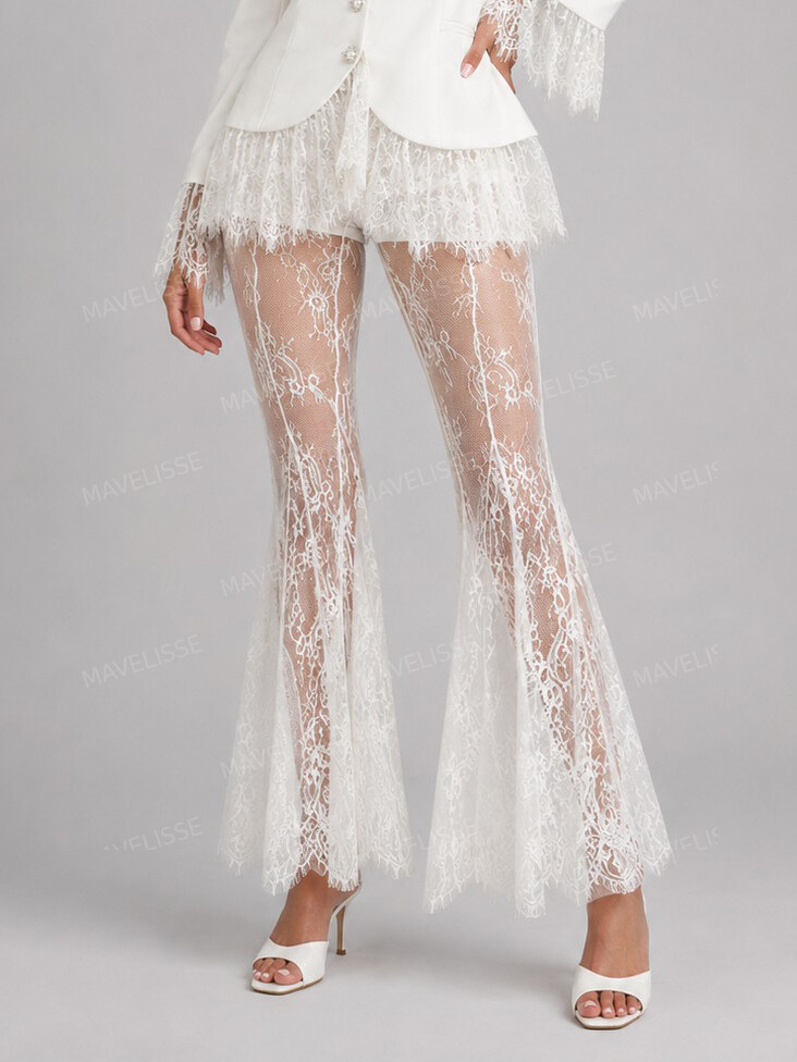 Elegant Lace Trim Blazer Top & Flared Lace Pants Two-Piece Set