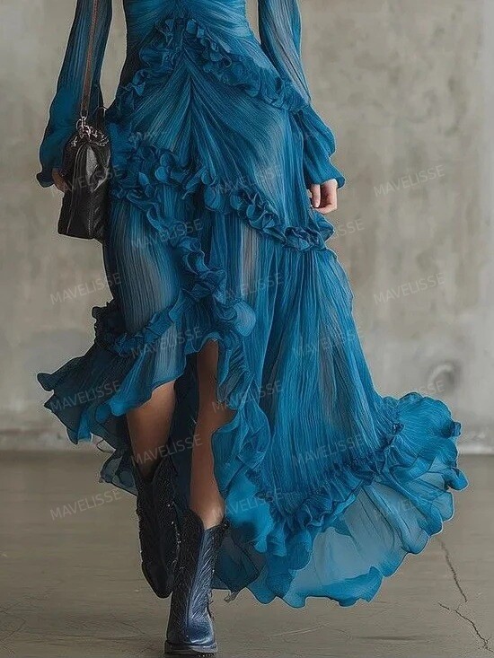 Elegant Ruffle Deep V-Neck Sheer Sleeve Maxi Dress