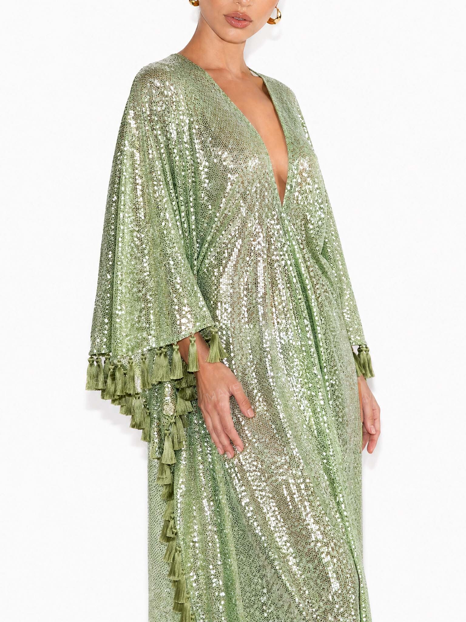 Sequin Deep V-Neck Fringe Kaftan Maxi Dress