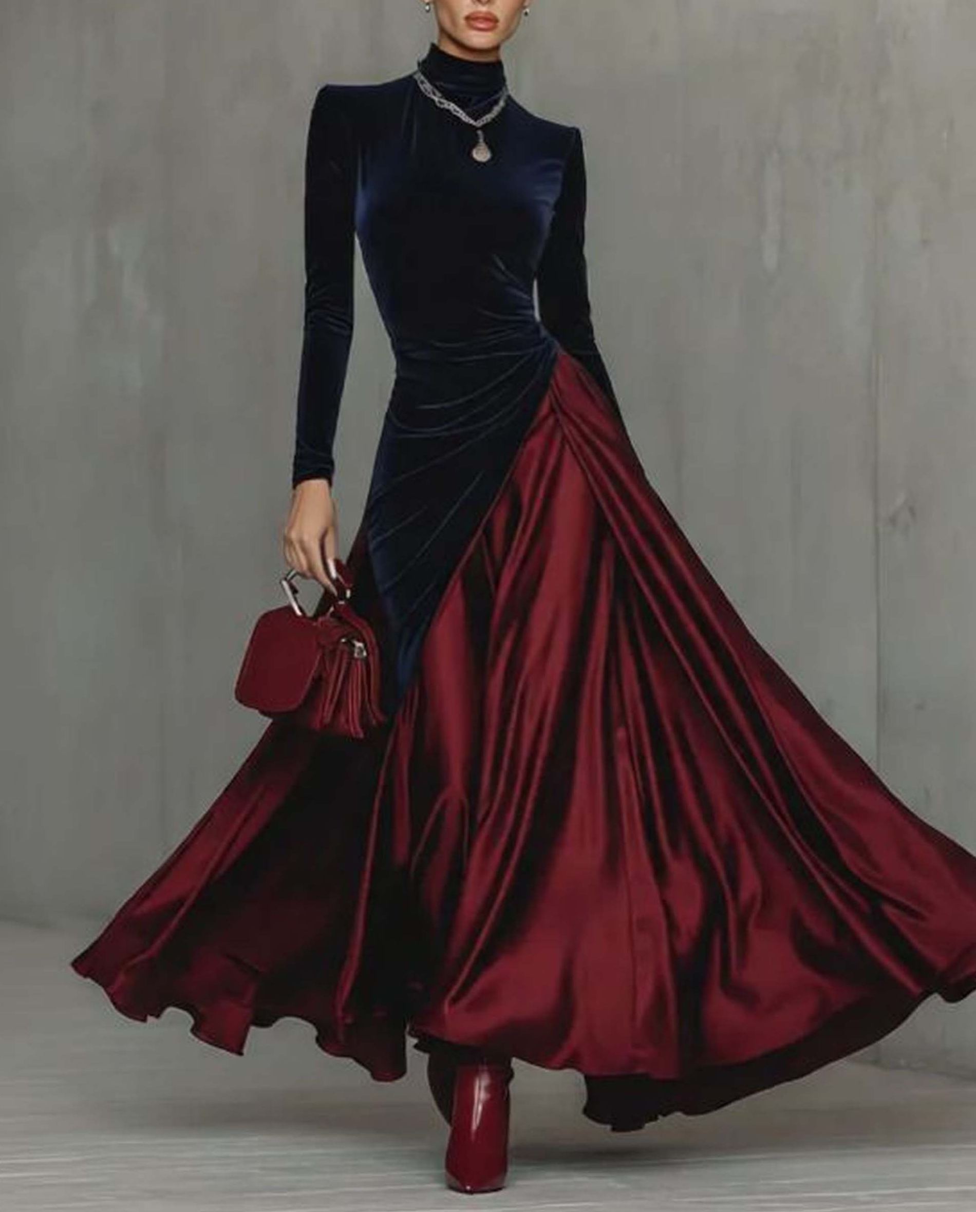 Elegant Velvet Satin Color-blocked Maxi Dress