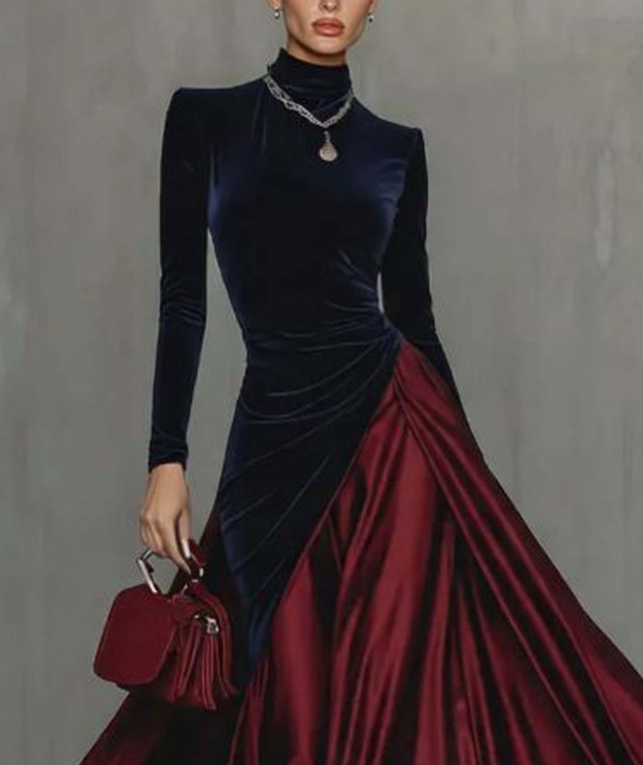 Elegant Velvet Satin Color-blocked Maxi Dress