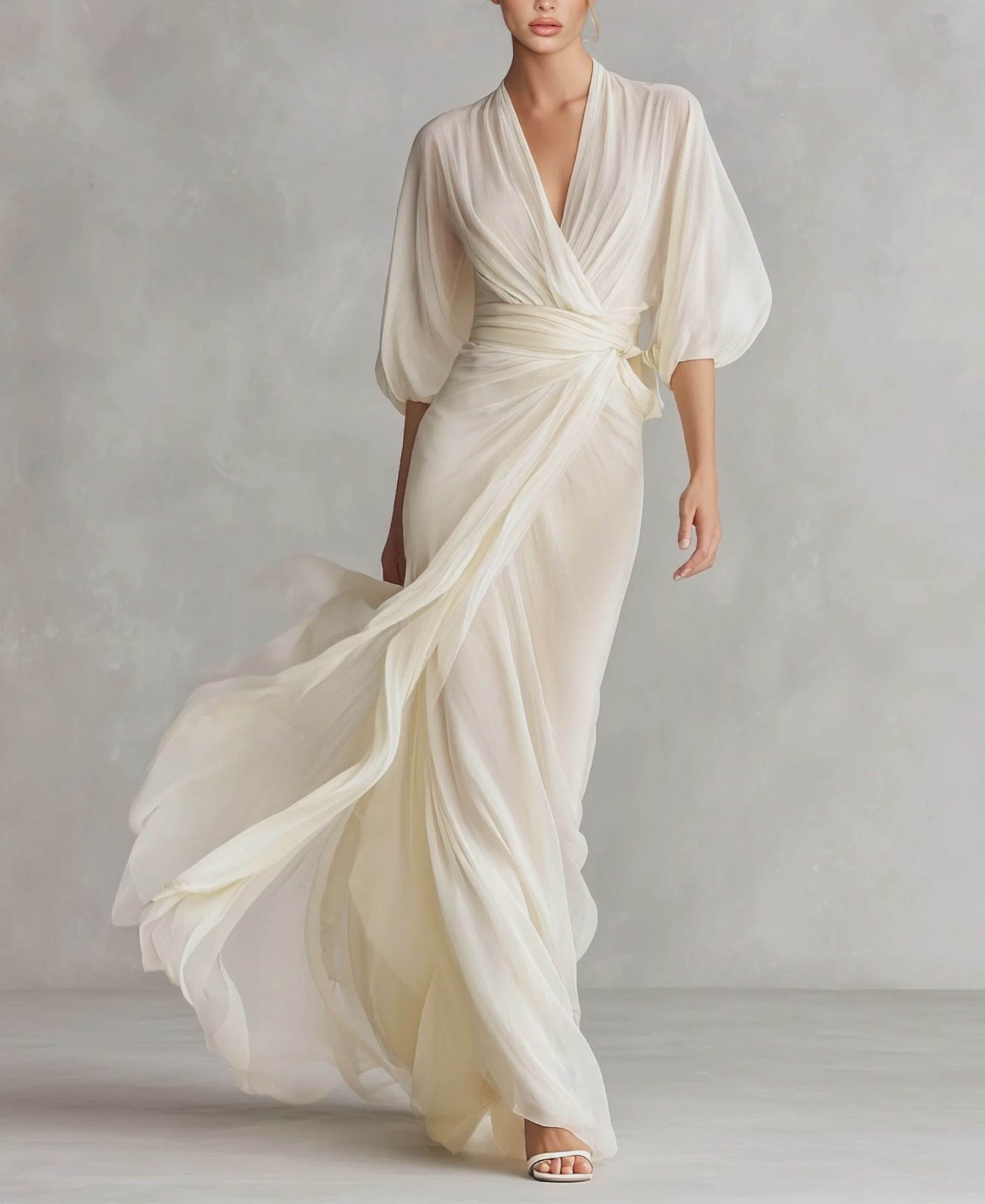 Elegant Chiffon Puff-Sleeve Wrap Maxi Dress