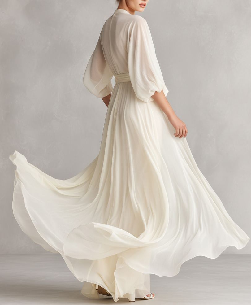 Elegant Chiffon Puff-Sleeve Wrap Maxi Dress