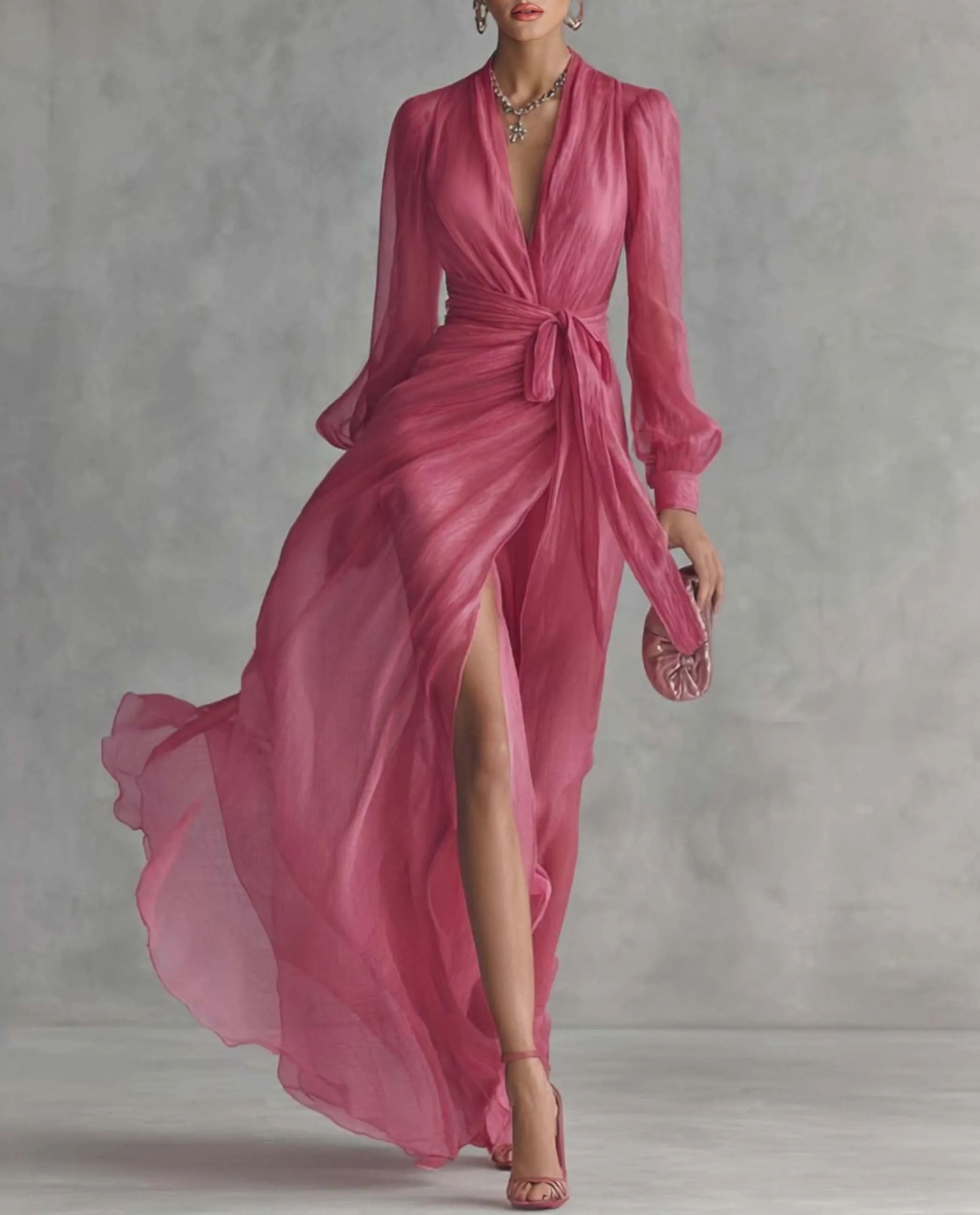 Elegant Pearl-Embellished Chiffon V-Neck Tie-Waist Maxi Dress