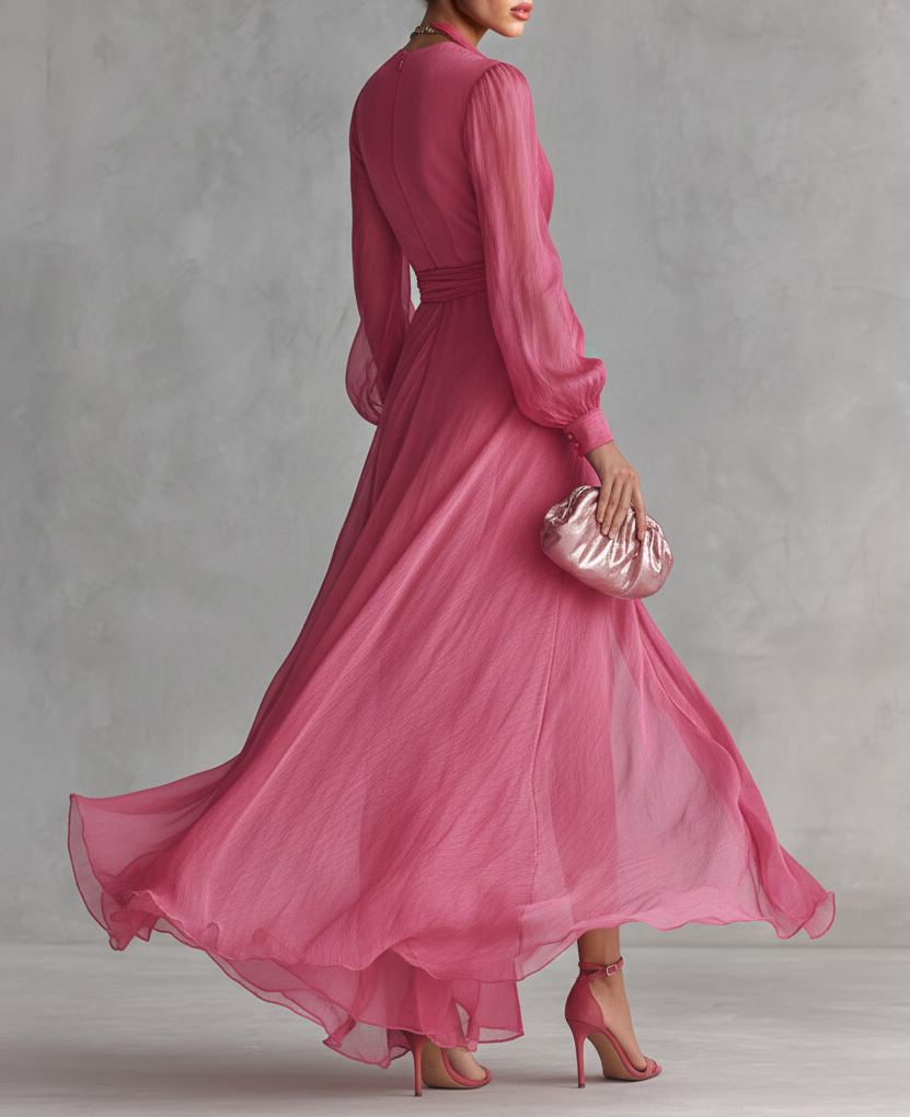 Elegant Pearl-Embellished Chiffon V-Neck Tie-Waist Maxi Dress