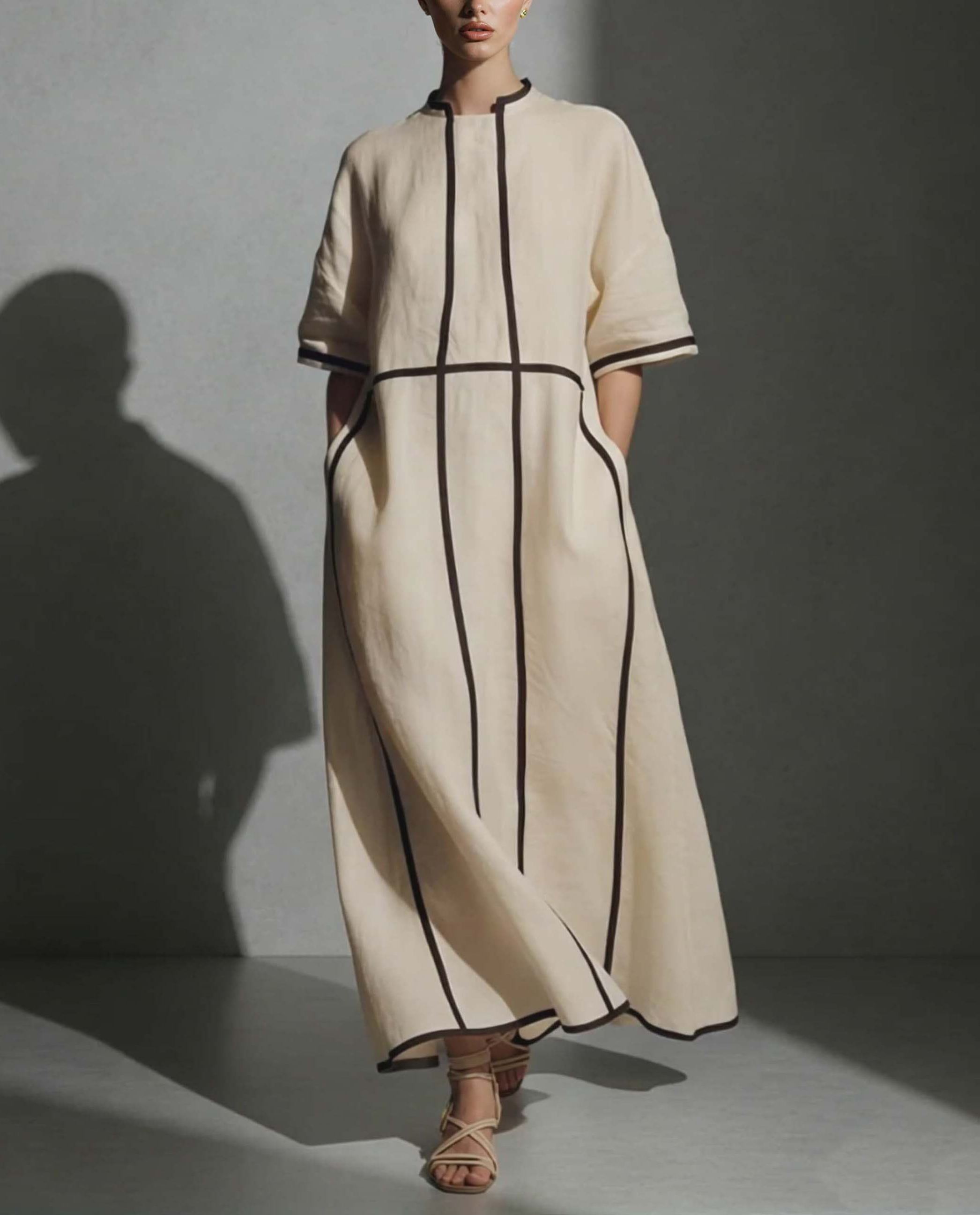 Minimalist Beige Linen Black Piping Midi Dress
