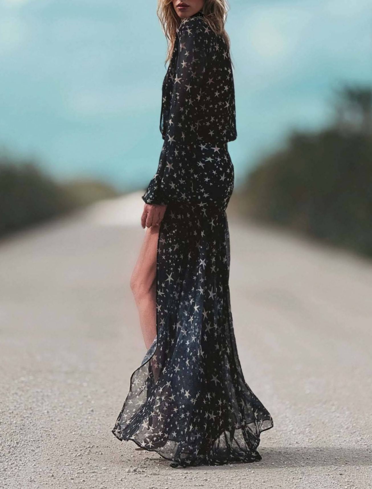Deep V-Neck Slit Printed Maxi Dress