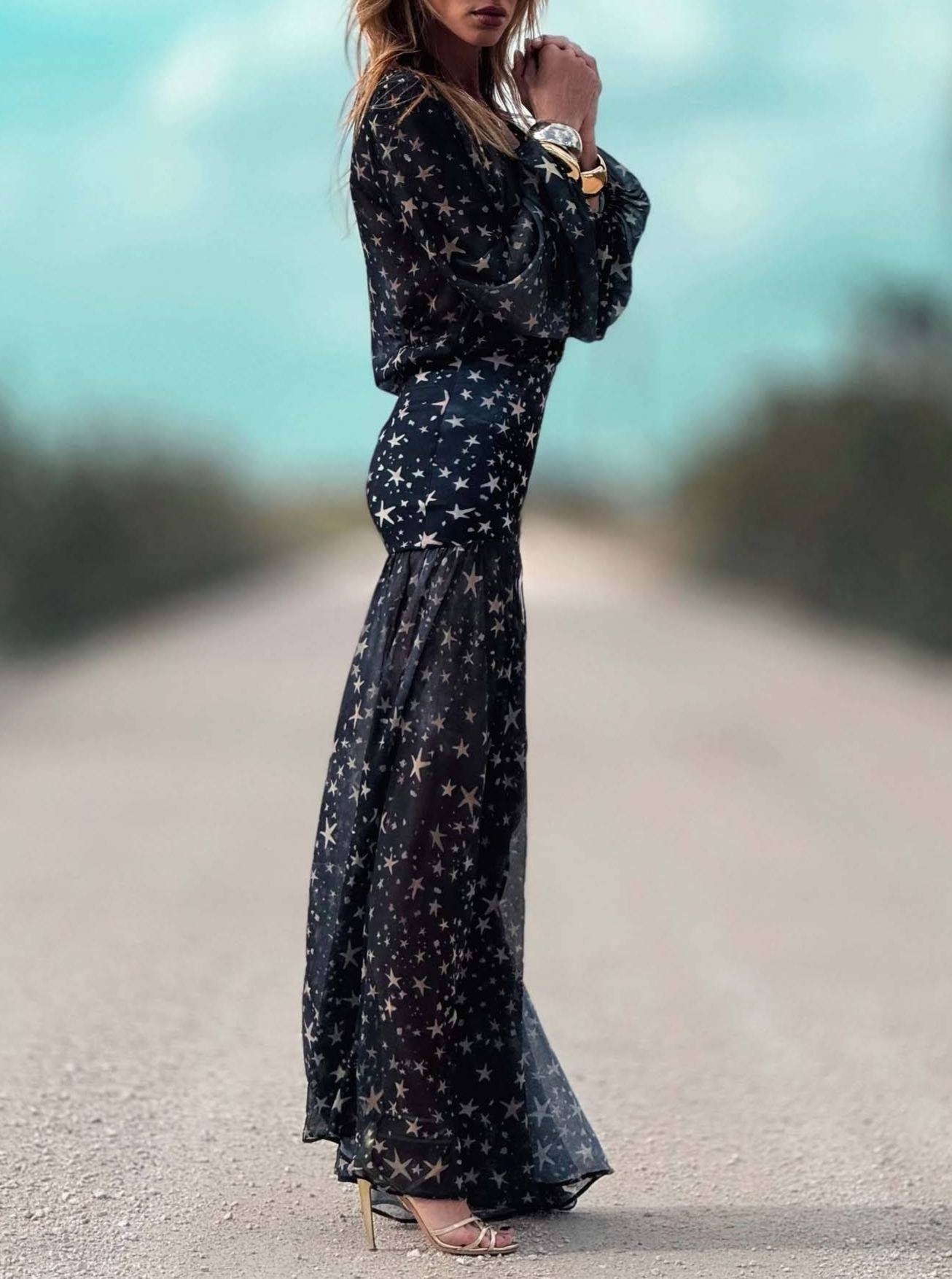 Deep V-Neck Slit Printed Maxi Dress