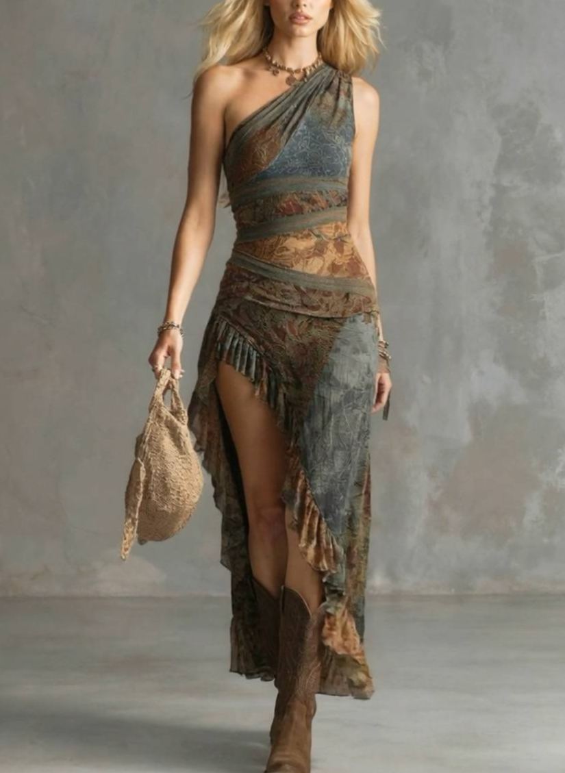 Off-Shoulder Printed Slit Dress