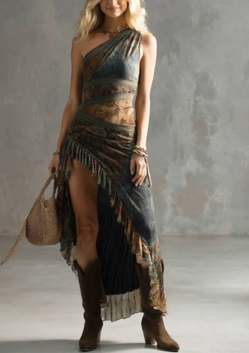 Off-Shoulder Printed Slit Dress