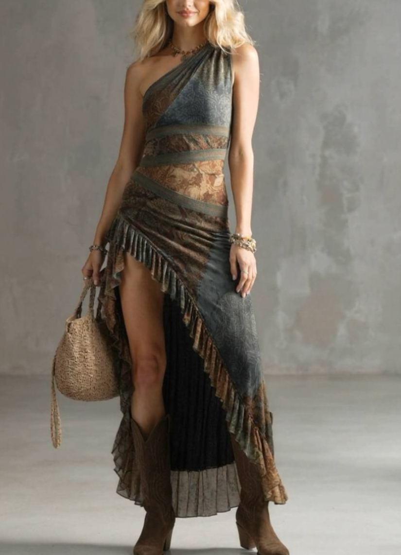 Off-Shoulder Printed Slit Dress