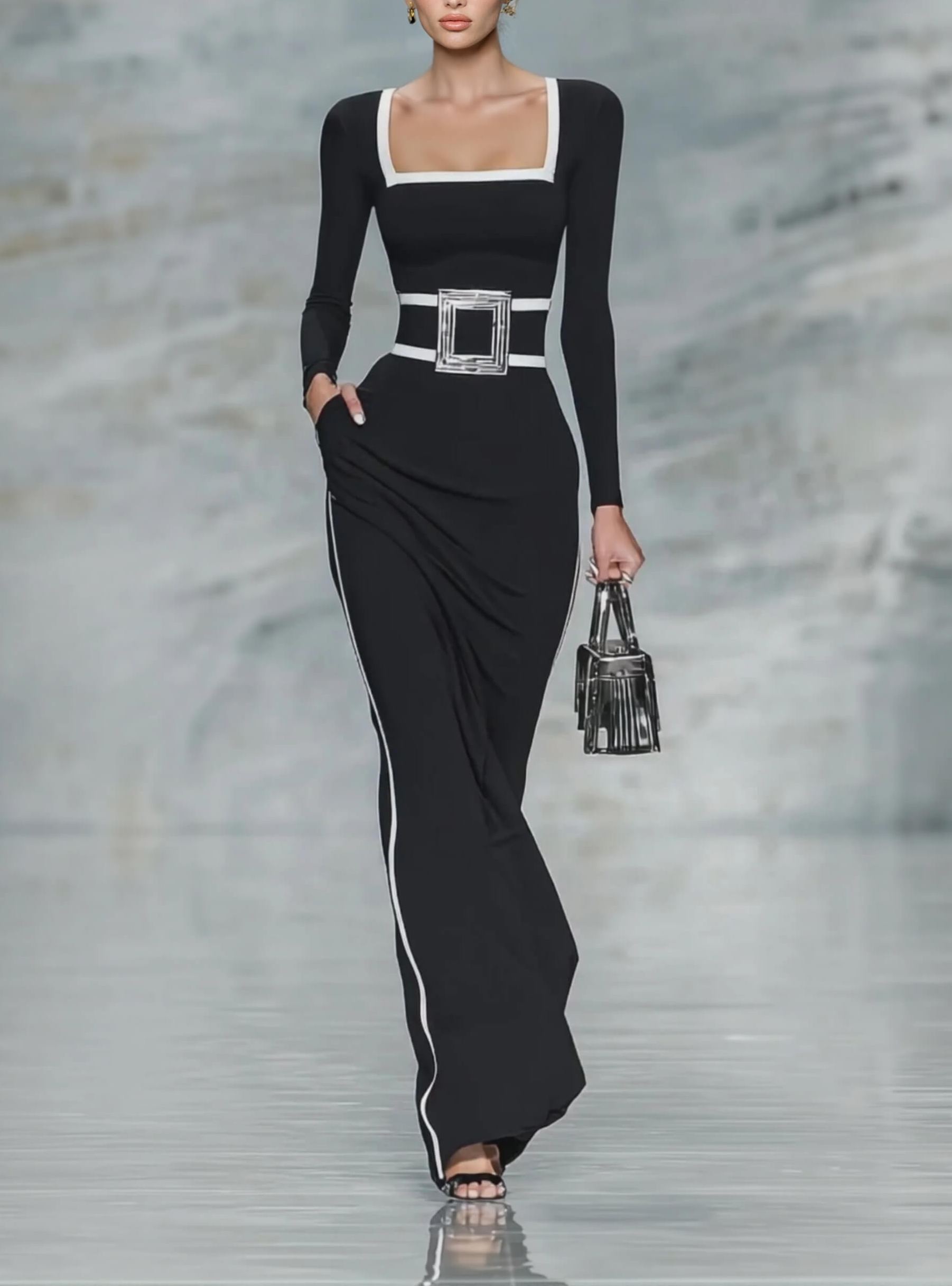 Elegant Black And White Trim Square Neck Long Sleeve Tight Maxi Dress