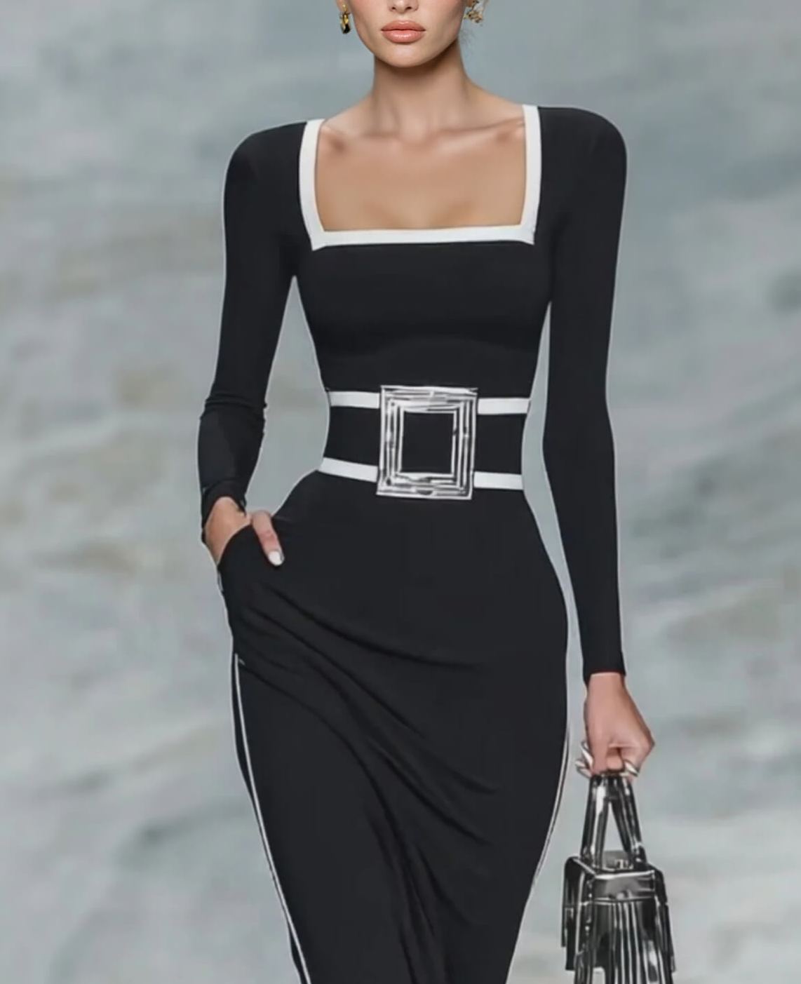Elegant Black And White Trim Square Neck Long Sleeve Tight Maxi Dress