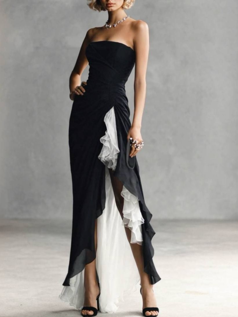 Strapless Slit Ruffled Maxi Dress