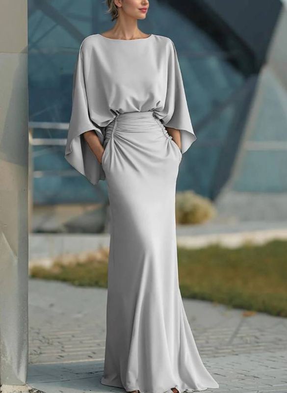 Boat Neck Backless Pleated Maxi Dress