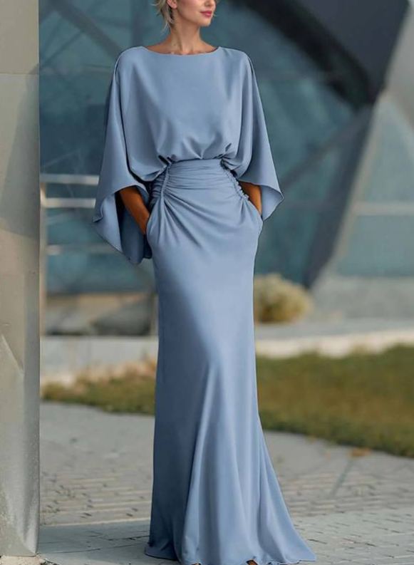 Boat Neck Backless Pleated Maxi Dress