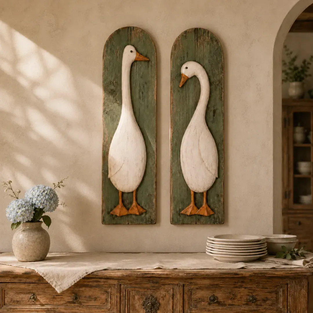 Matching goose farmhouse wall panels displayed above a rustic kitchen cabinet