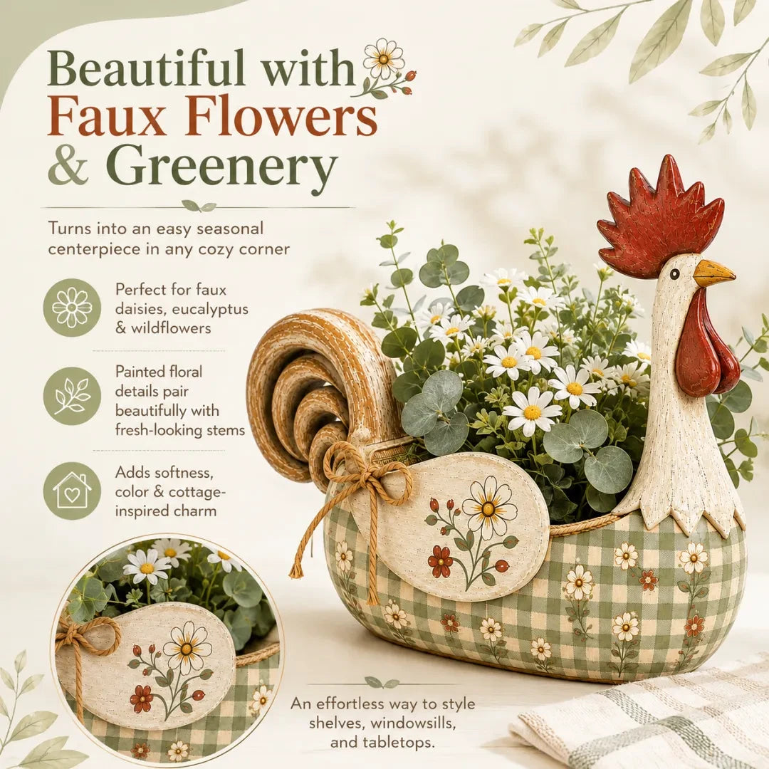 Rooster utensil holder styled with faux flowers and greenery