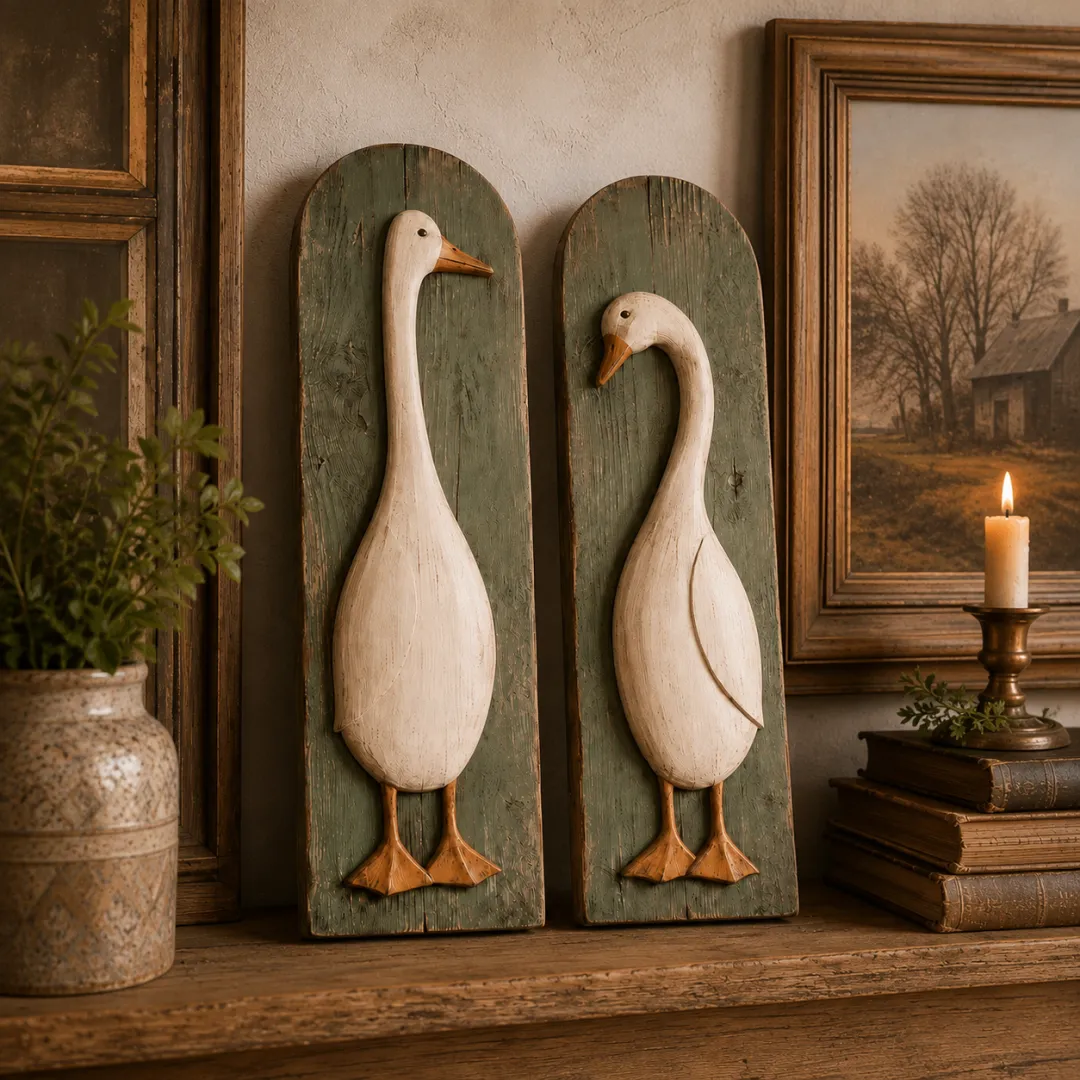 Matching handcrafted goose farmhouse wall decor displayed in a rustic interior