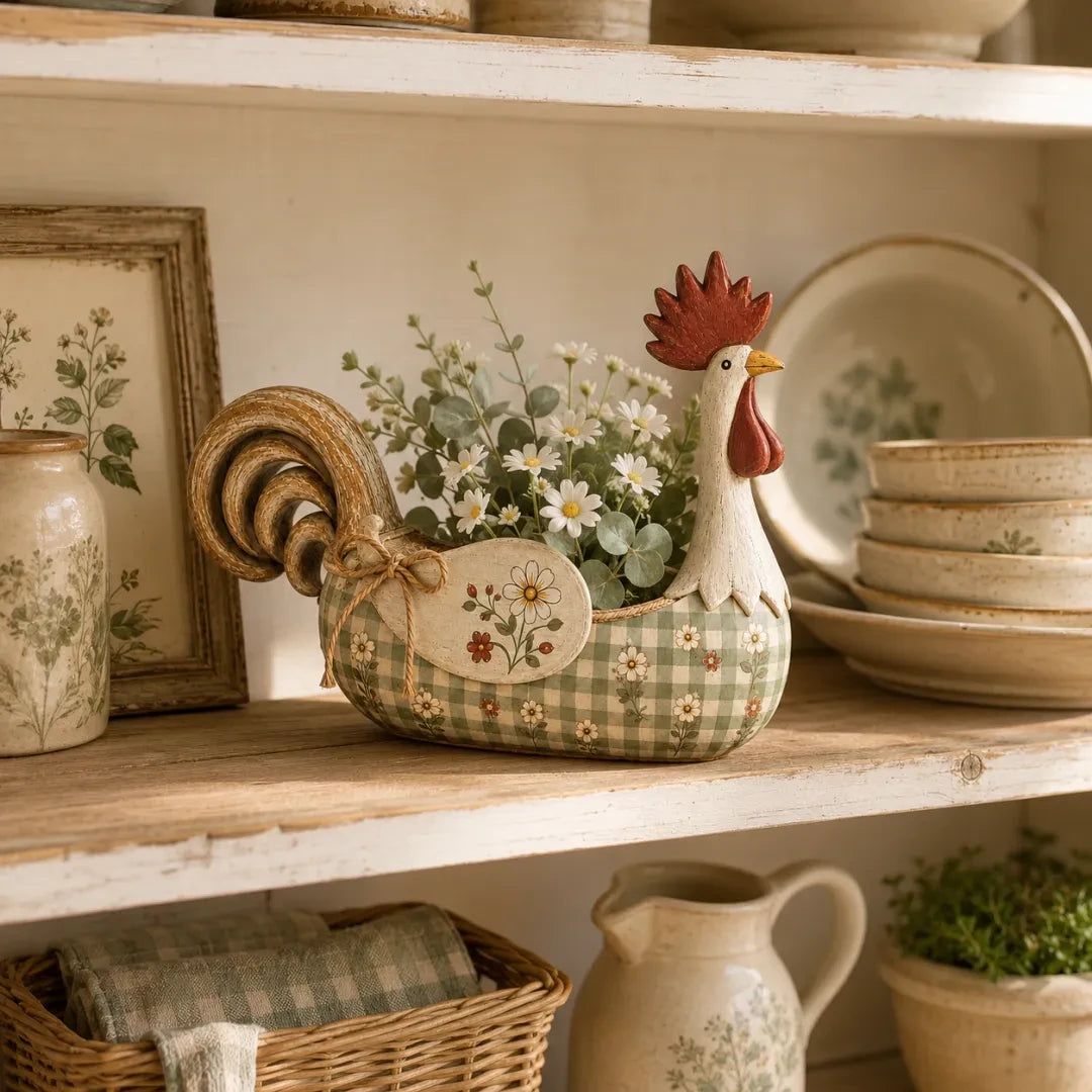 Sample review image of rooster holder styled with flowers on a shelf