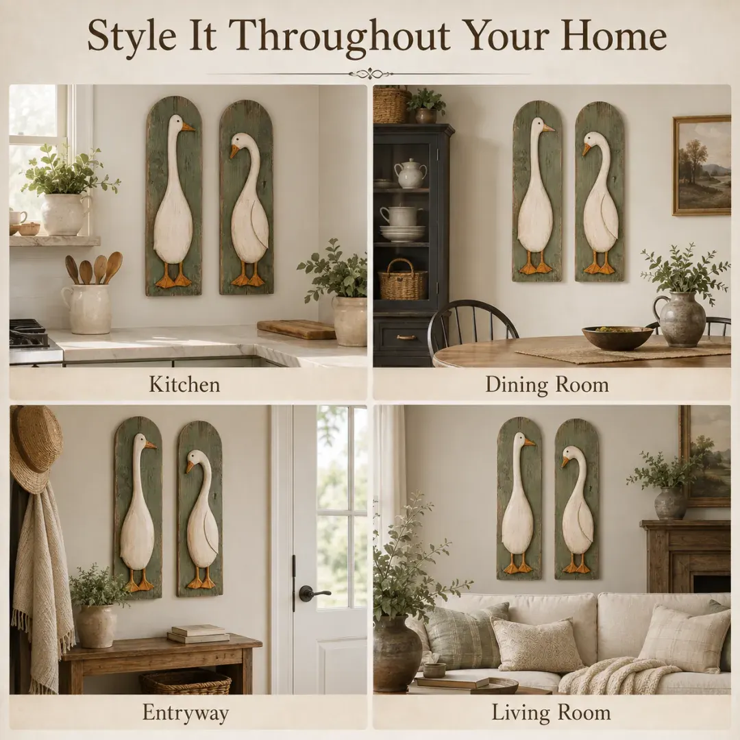 Goose farmhouse wall art styled in a kitchen, dining room, entryway and living room