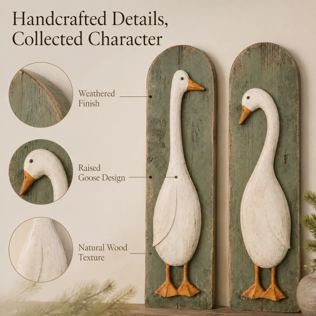 Close-up handcrafted details of rustic wooden goose wall art