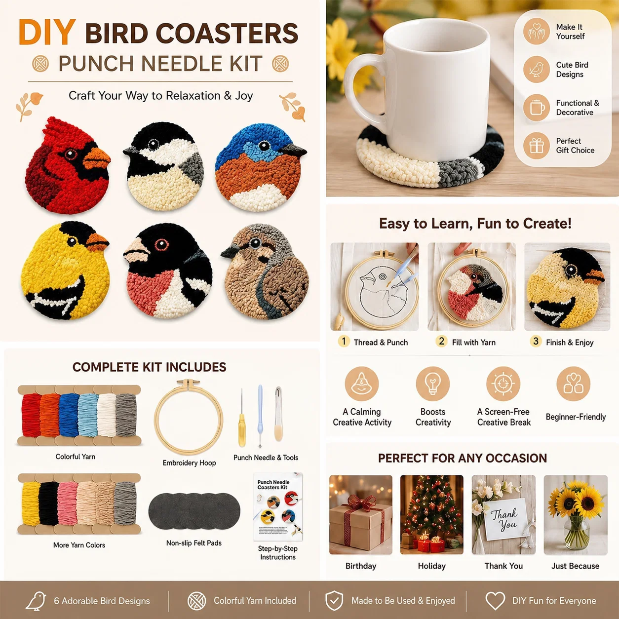 Little Bird Punch Needle Coaster Kit – DIY Set of 6