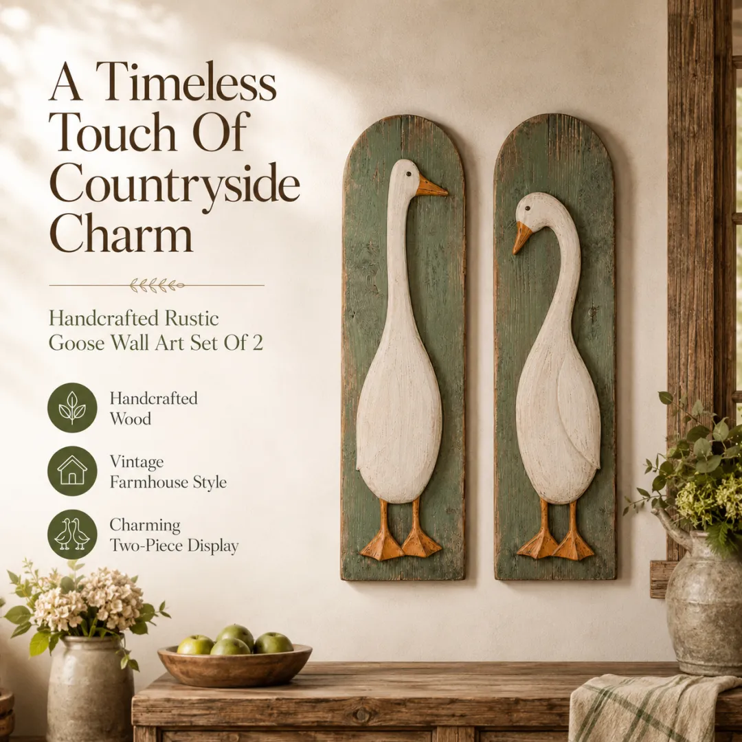 Handcrafted rustic goose wall art set displayed in a vintage farmhouse interior