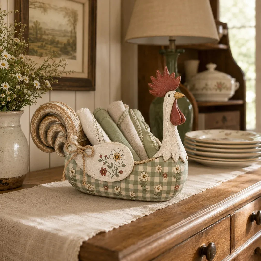 Sample review image of rooster holder styled with linens