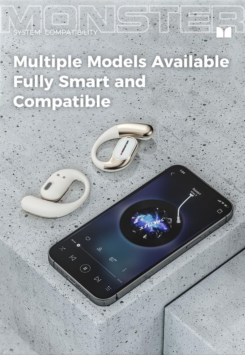 Monster AC530 Open-Ear Mic Headset, Dual-Fold Design, Mic Noise Cancellation Headphones, 100H Long Battery Life Bluetooth 6.0 Wireless Earbuds, Touch Control,Sweatproof, for Running, Workout, Driving, Back to School– Gifts for Men & Women
