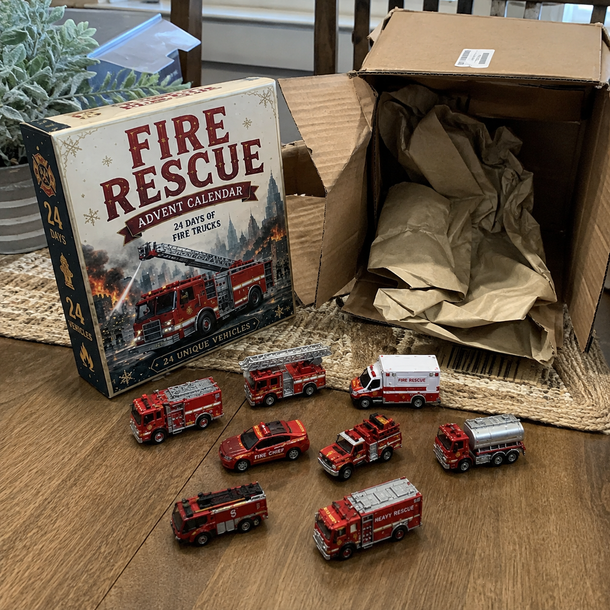 Vehicle advent calendar collection displayed in a real family home