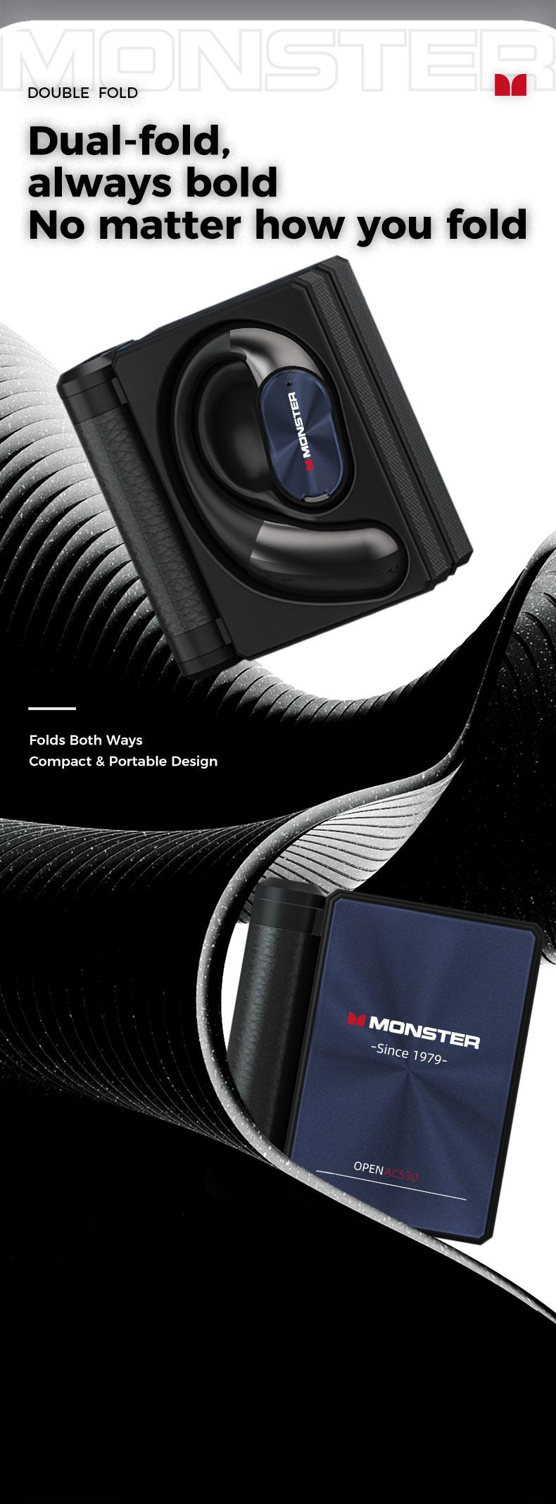 Monster AC530 Open-Ear Mic Headset, Dual-Fold Design, Mic Noise Cancellation Headphones, 100H Long Battery Life Bluetooth 6.0 Wireless Earbuds, Touch Control,Sweatproof, for Running, Workout, Driving, Back to School– Gifts for Men & Women