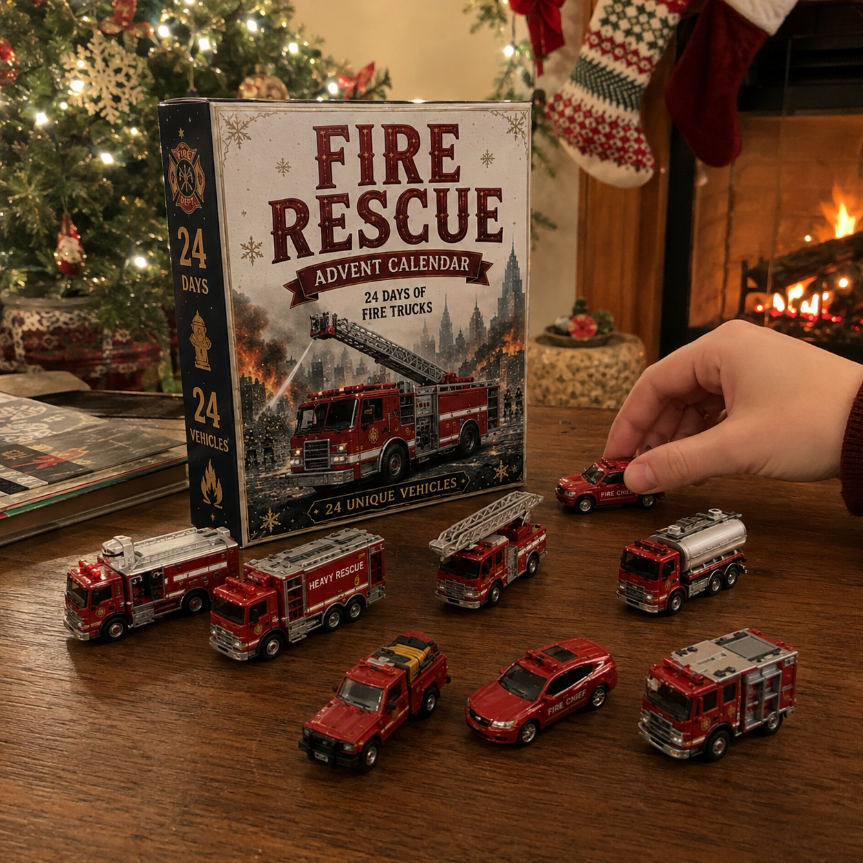 Vehicle advent calendar unboxing with hand and shipping box