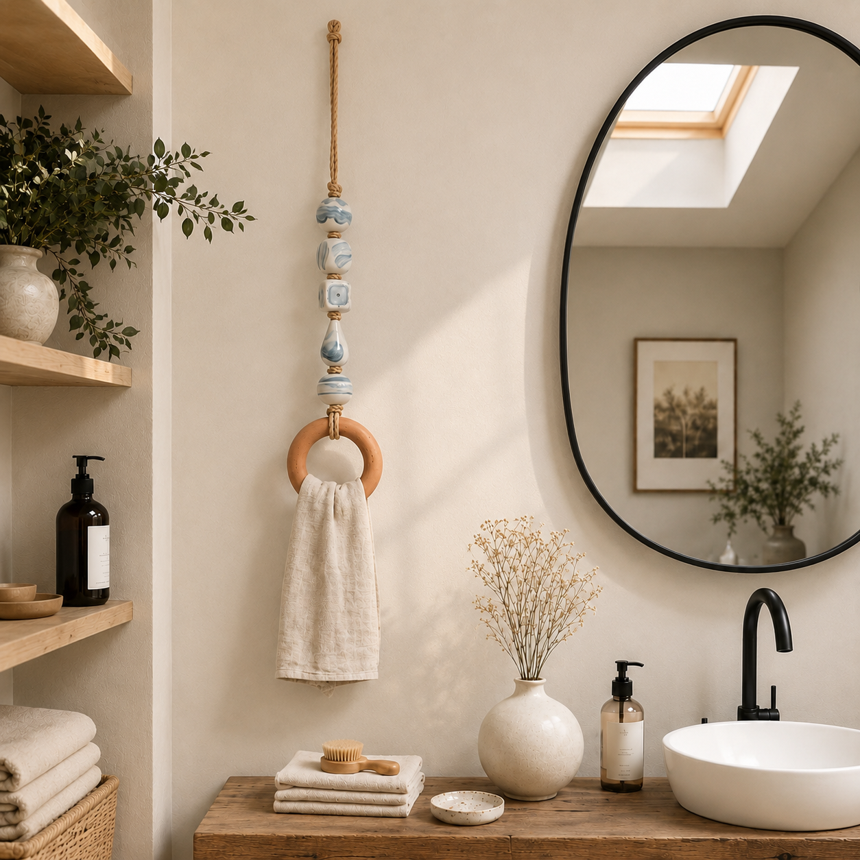 💖Decorative Beaded Towel Hanger with Wooden Ring🏠