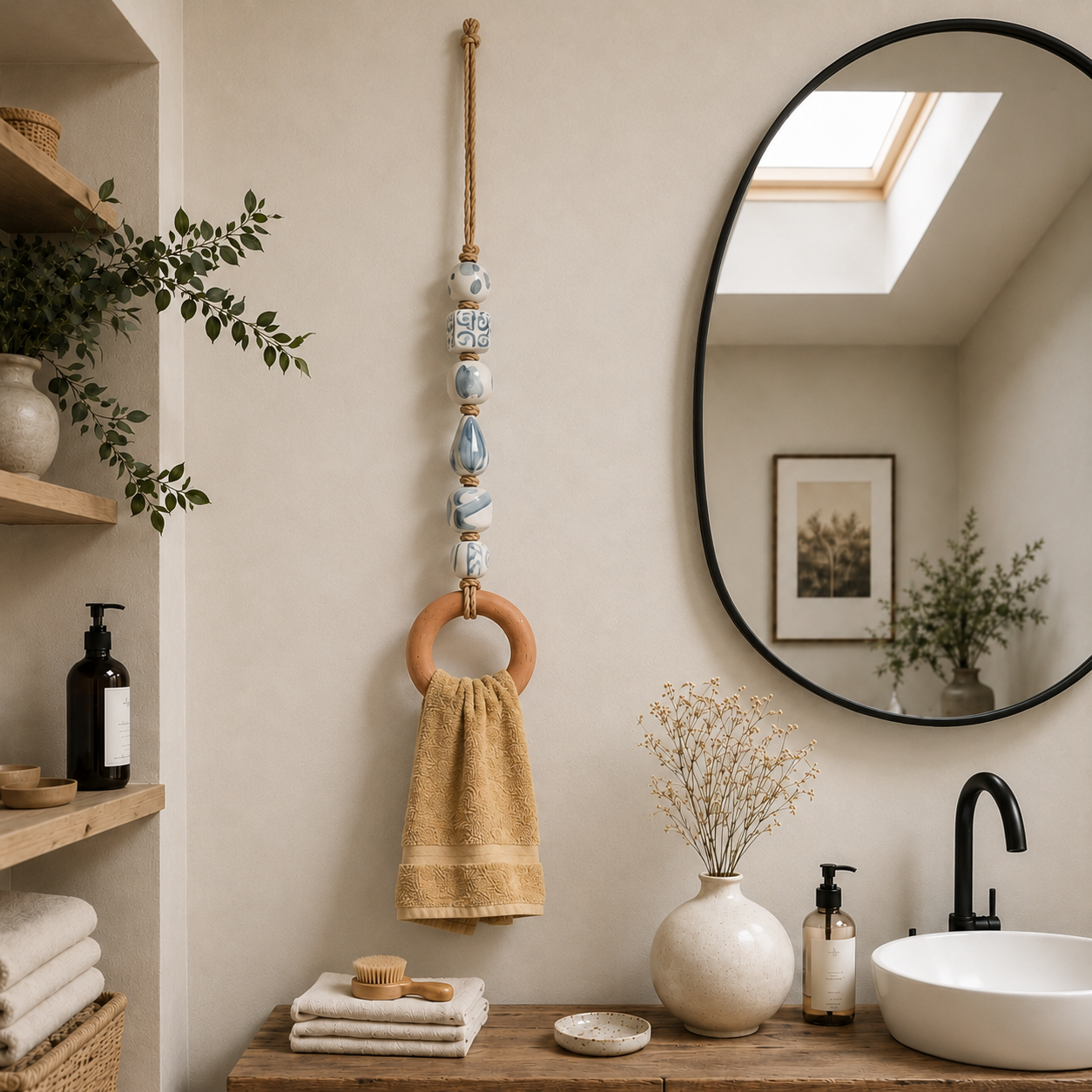 💖Decorative Beaded Towel Hanger with Wooden Ring🏠