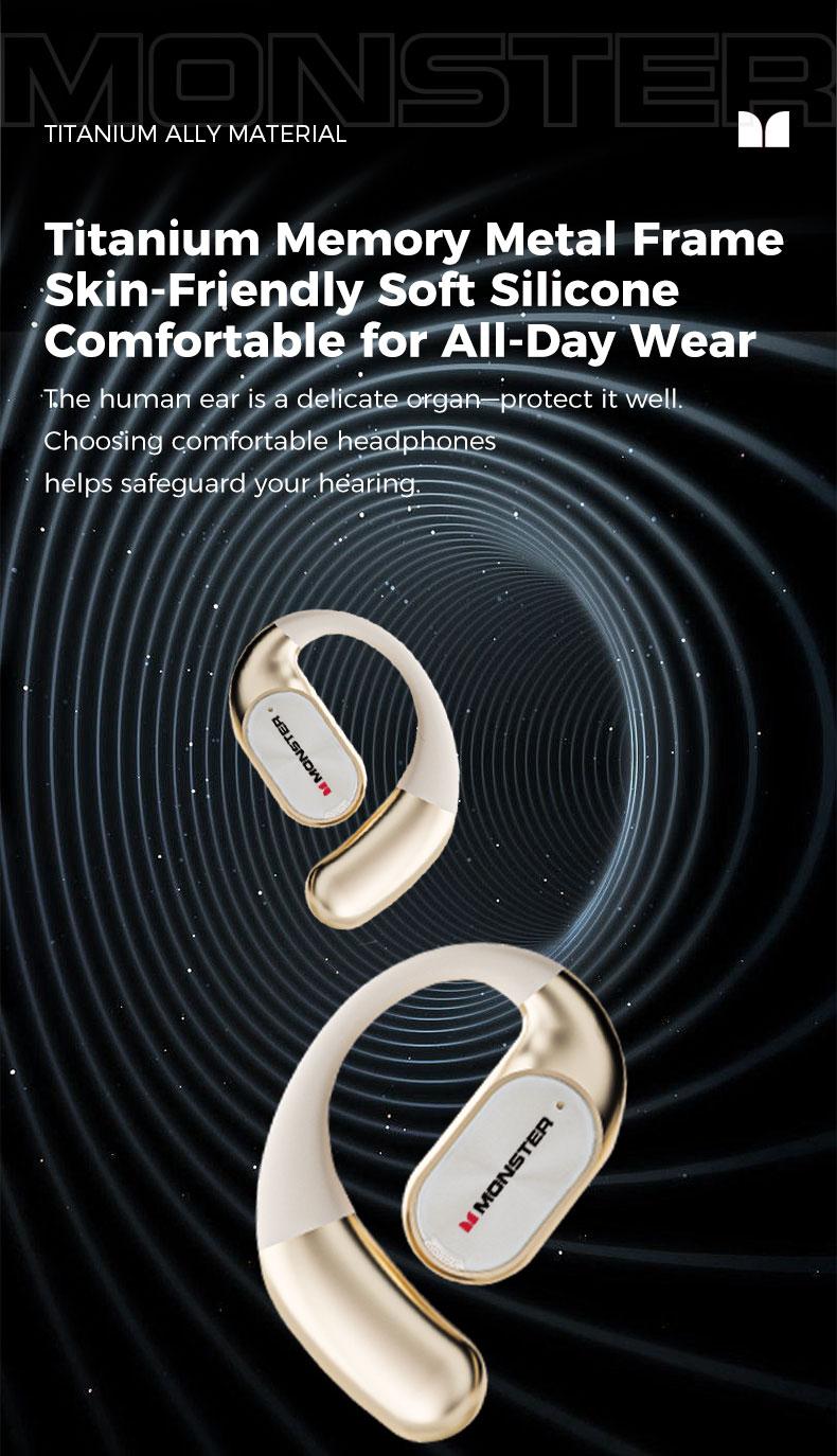 Monster AC530 Open-Ear Mic Headset, Dual-Fold Design, Mic Noise Cancellation Headphones, 100H Long Battery Life Bluetooth 6.0 Wireless Earbuds, Touch Control,Sweatproof, for Running, Workout, Driving, Back to School– Gifts for Men & Women