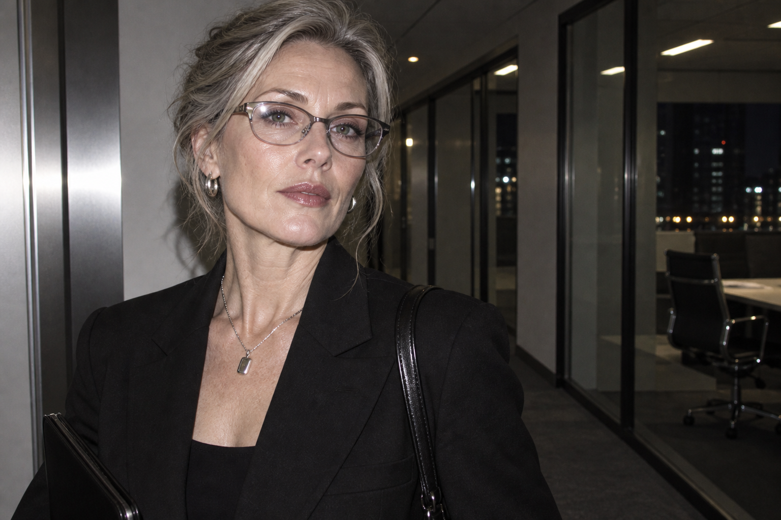 Mature woman wearing clear prescription eyeglasses in a direct-flash office portrait