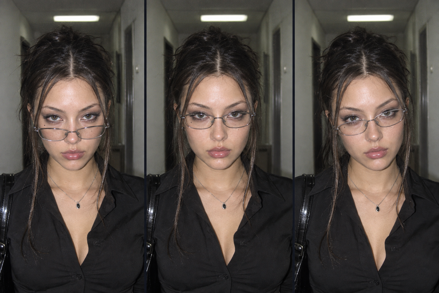 Three direct-flash portraits comparing glasses sitting too low, balanced and tilted