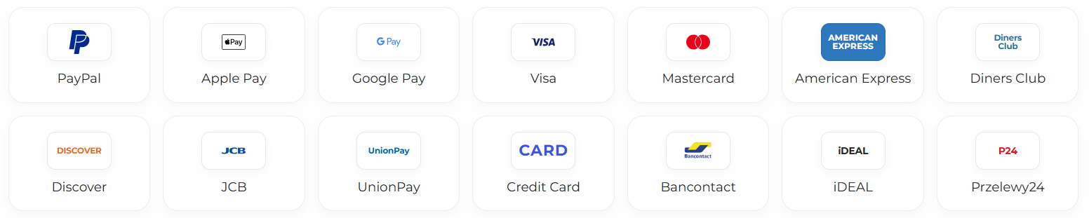 Payment method logos including PayPal, Apple Pay, Google Pay, Visa, Mastercard, American Express, Discover, JCB, UnionPay, Bancontact, iDEAL, and Przelewy24