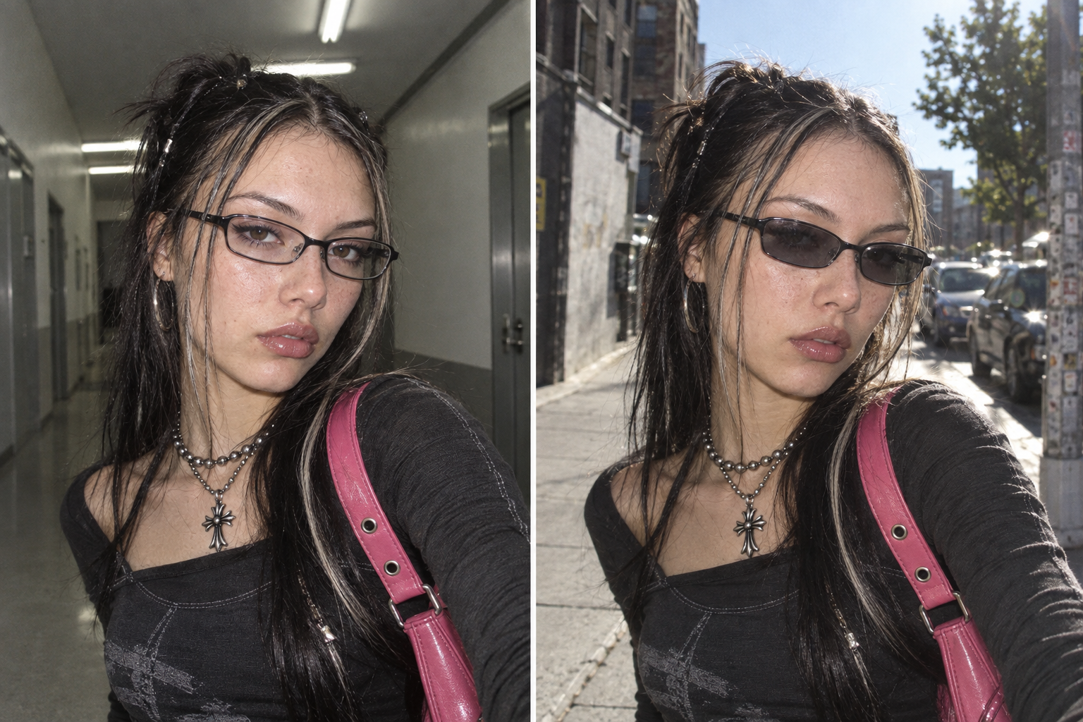 Direct-flash portraits showing clear lenses indoors and tinted lenses outdoors
