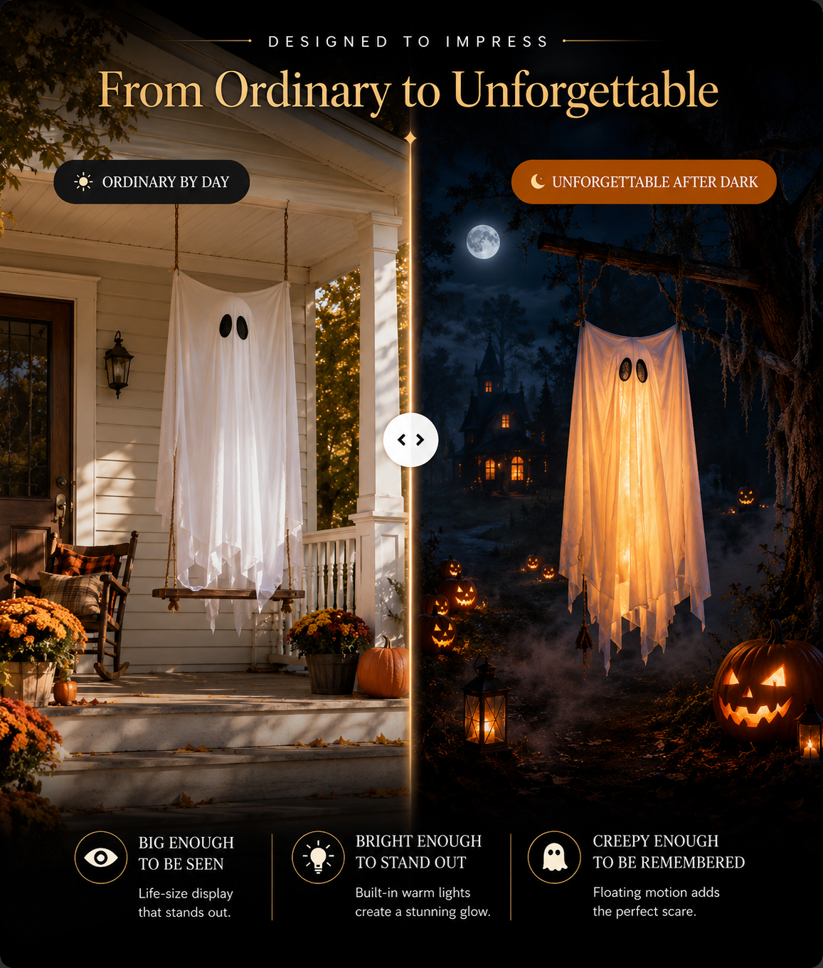 Hanging ghost shown during the day and glowing after dark