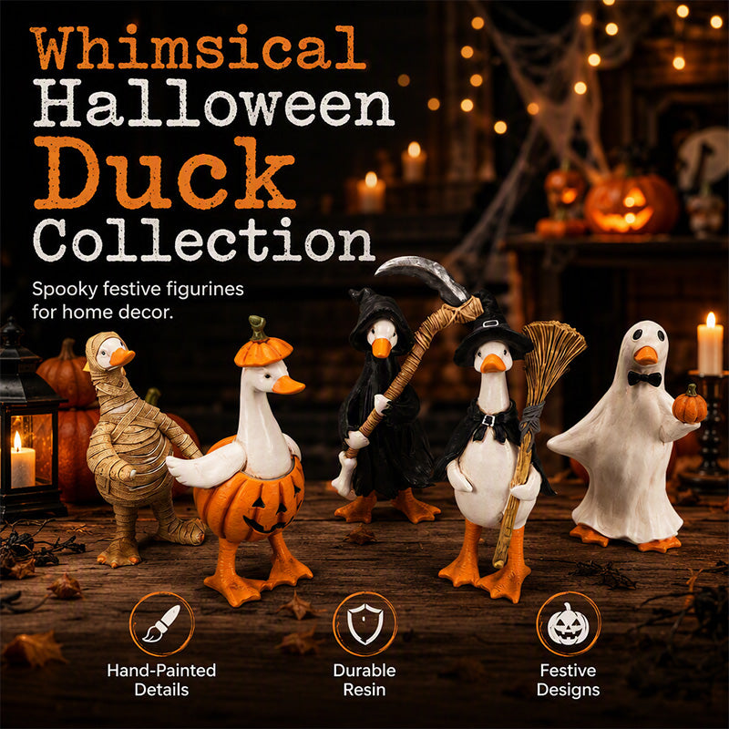 Five whimsical Halloween duck figurines