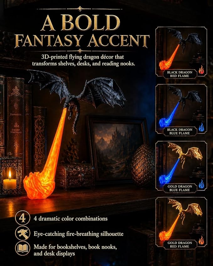 Dragon Bookshelf Nook Light, 3D Printed Fire-Breathing Fantasy Shelf Decor