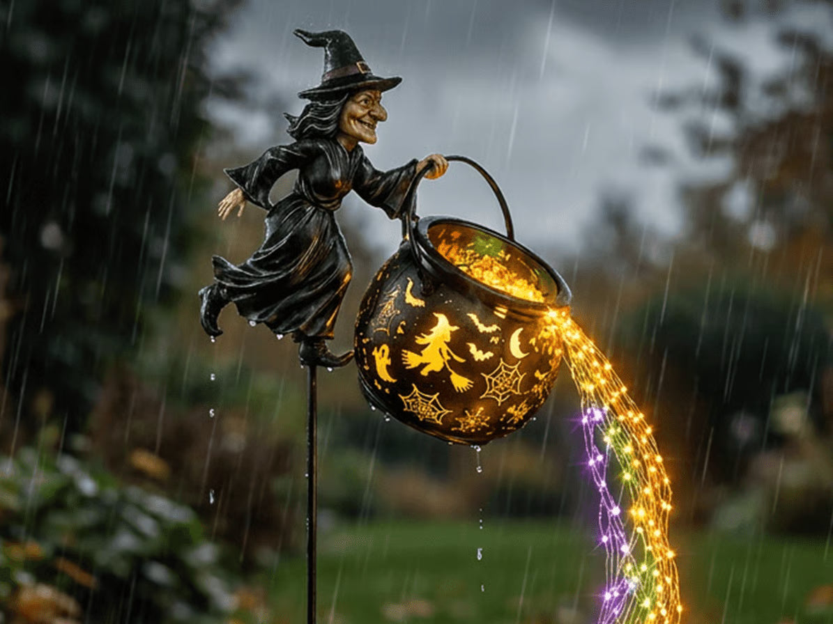 Halloween witch garden light shown in rainy outdoor conditions