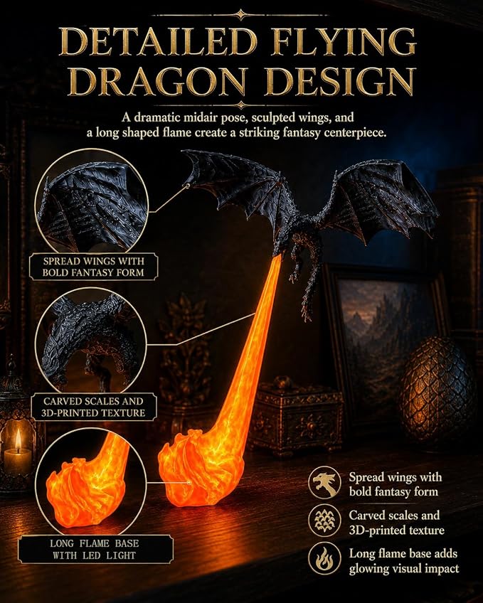 Dragon Bookshelf Nook Light, 3D Printed Fire-Breathing Fantasy Shelf Decor