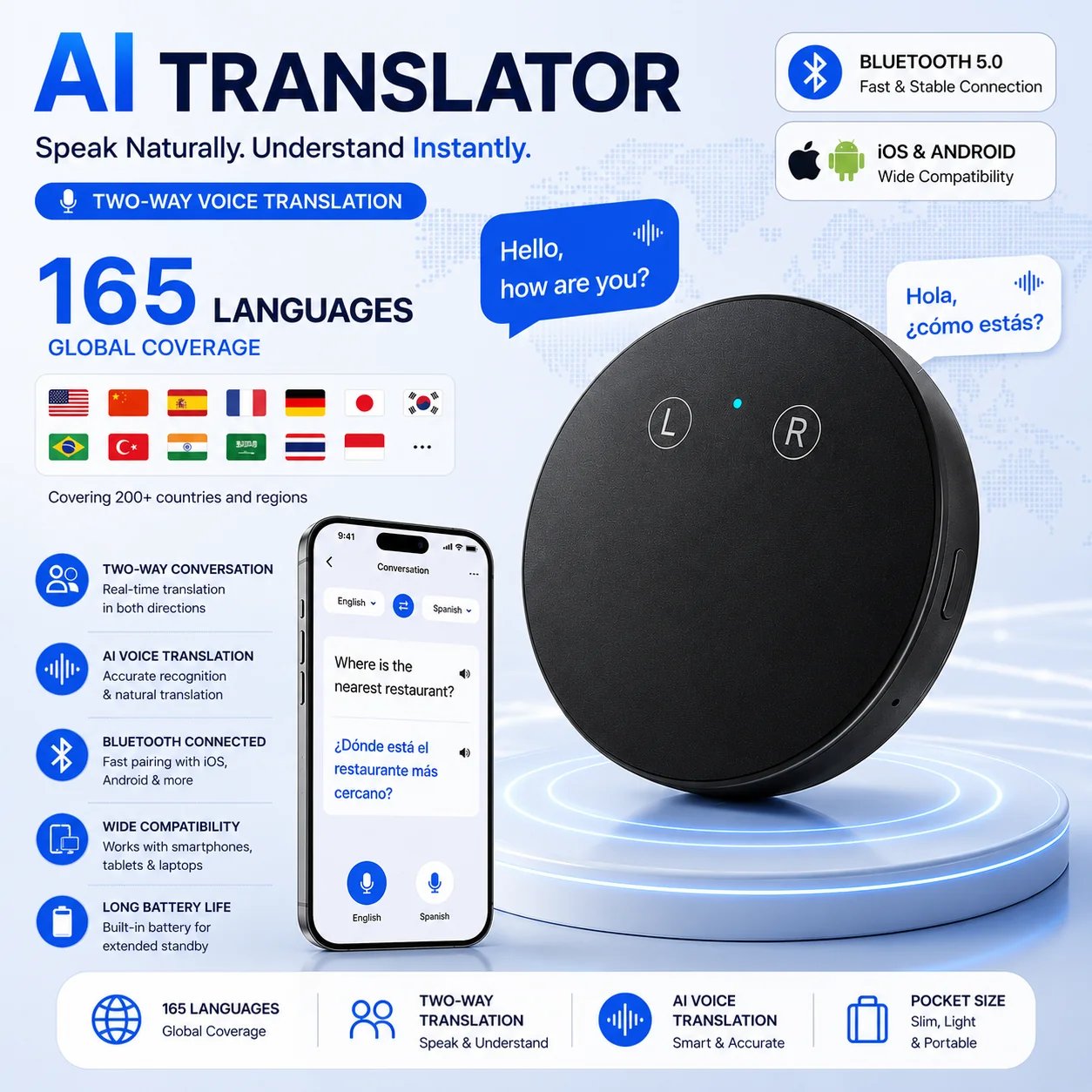 🎉 AI Language Translator Device – Real-Time Two-Way Voice Translator with Multi-Language Support