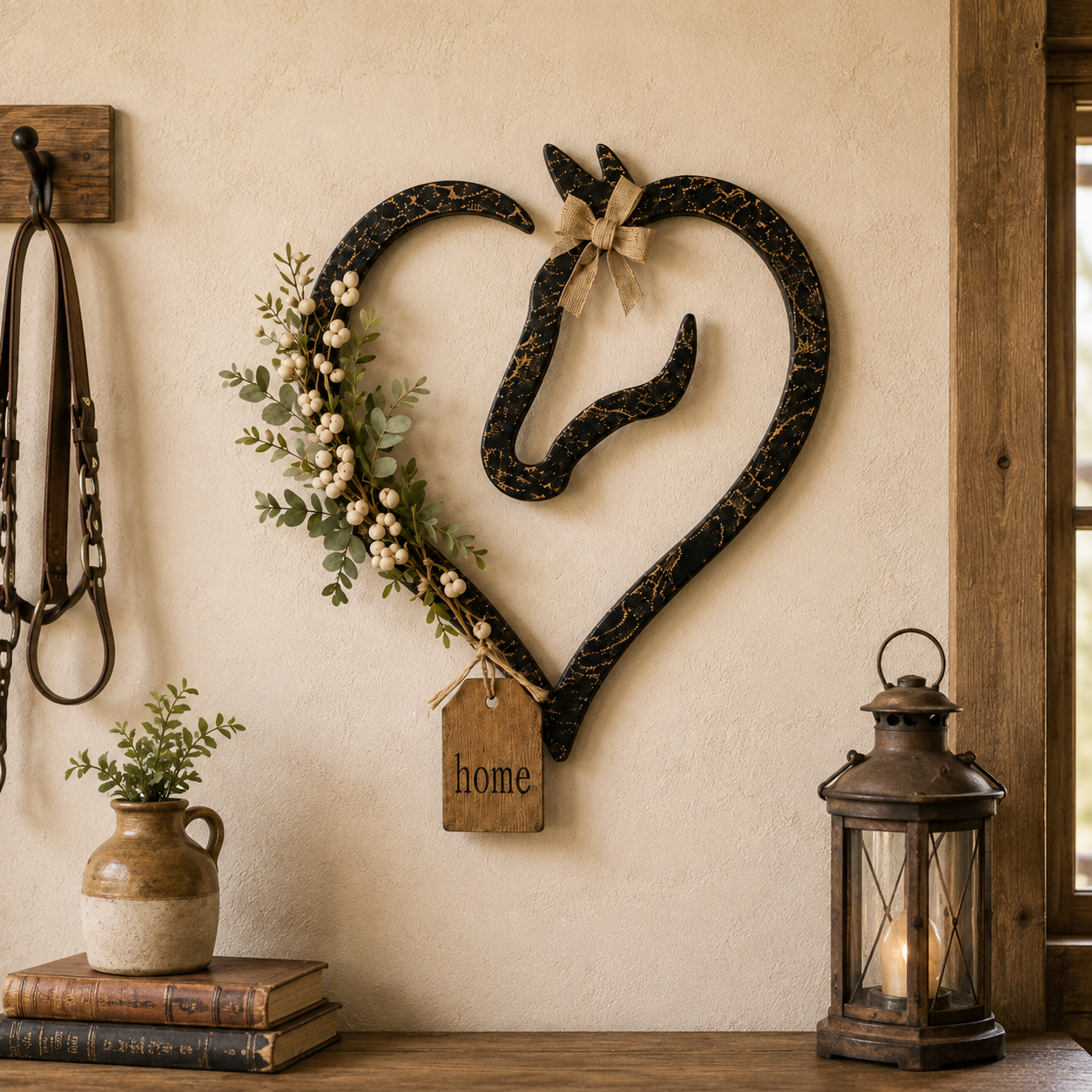 Rustic Horse Heart Wall Decor with Greenery – Farmhouse Equestrian Home Accent